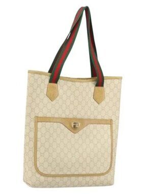 GUCCI GG Plus Supreme Web Sherry Line Tote Bag PVC White Auth ep12927